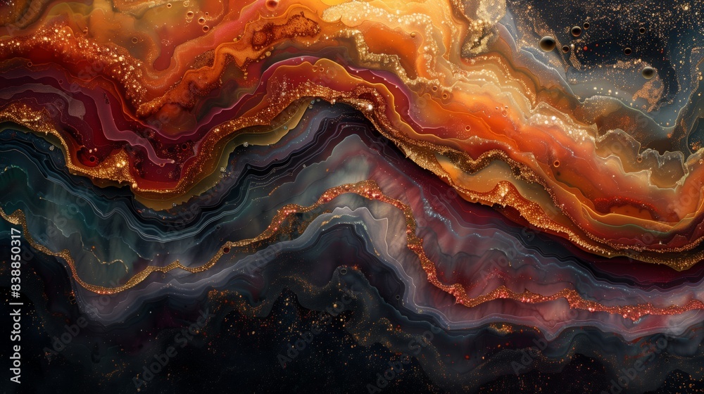 An abstract painting showcasing vibrant gold, red, and blue colors in fluid art style.