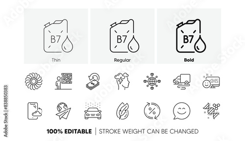 Smile chat, Chemistry dna and Smile line icons. Pack of Diesel canister, Loan percent, Smartphone cloud icon. Hypoallergenic tested, Mindfulness stress, Logistics network pictogram. Line icons. Vector
