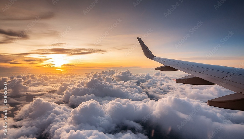 Grainy sky and a plane flying in to the clouds; aircraft with beautiful sunset glow, view from inside an aeroplane for background texture of cloudscape Grainy sky and a plane flying in to the clouds; aircraft with beautiful sunset glow, view from inside an aeroplane for background texture of cloudscape