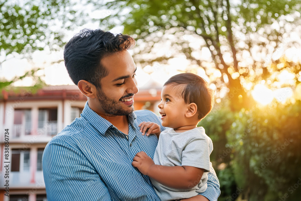 Attentive Indian father holding his young son, smiling at the camera. Portrait outdoors. Attentive Indian father holding his young son, smiling at the camera. Portrait outdoors.