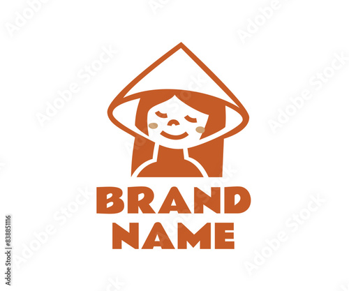 Vietnam logo design. Cute smiling Vietnamese girl with long black hair wearing a traditional Asian conical hat.