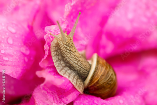 Roman or Burgundy snail or escargot (Helix pomatia), a large, air-breathing stylommatophoran land snail with creamy light brownish shell. Macro in a pink peony flower in a garden on a rainy day. photo