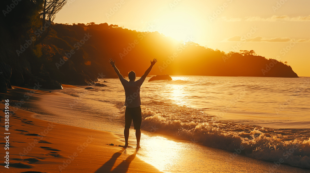 Person standing on beach with arms raised Person standing on beach with arms raised