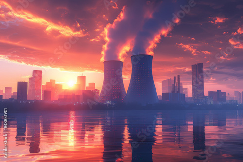 An illustration of a futuristic city powered by clean, nuclear energy with a nuclear power plant in the forefront using uranium as a key material.. AI generated. © Petr