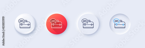 24 hour service line icon. Neumorphic, Red gradient, 3d pin buttons. Support help sign. Feedback symbol. Line icons. Neumorphic buttons with outline signs. Vector