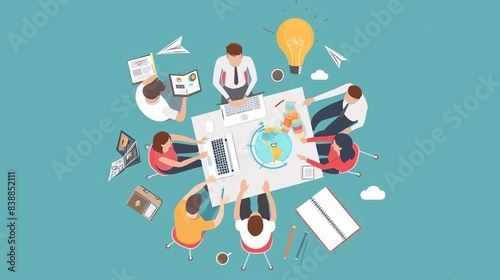 Cartoon drawing of startup team achieving success, top view