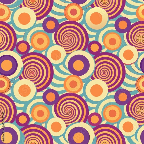 Seamless pattern of circles with retro-inspired patterns like mod dots and geometric shapes, perfect for a vintage-themed gift wrap, Generative AI