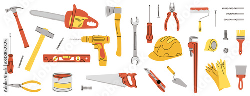 Repair tools set. House construction equipment. Doodle style drawing. Building instruments screwdriver saw and hammer. Renovation industry. Vector cartoon flat isolated contemporary illustration