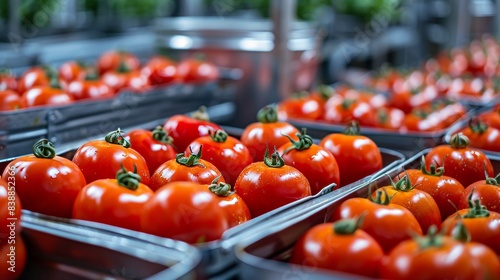 Production line at a modern food plant, tomatoes being processed and canned, highlighting the cleanliness and efficiency of the process