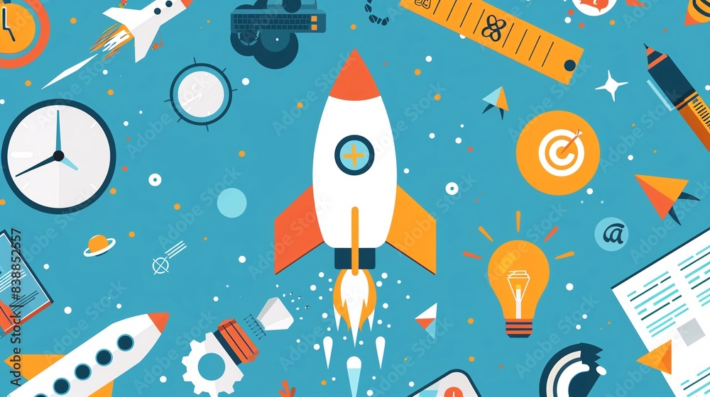 Flat design illustration of a successful startup, top view