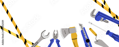 Repair tools banner. House construction equipment. Doodle drawing. Building instruments screwdriver saw and hammer. Renovation industry poster. Vector cartoon flat isolated background illustration
