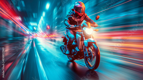 Speedy Nighttime Motorcycle Delivery In Urban Landscape With Blurred Lights – Ai Generated