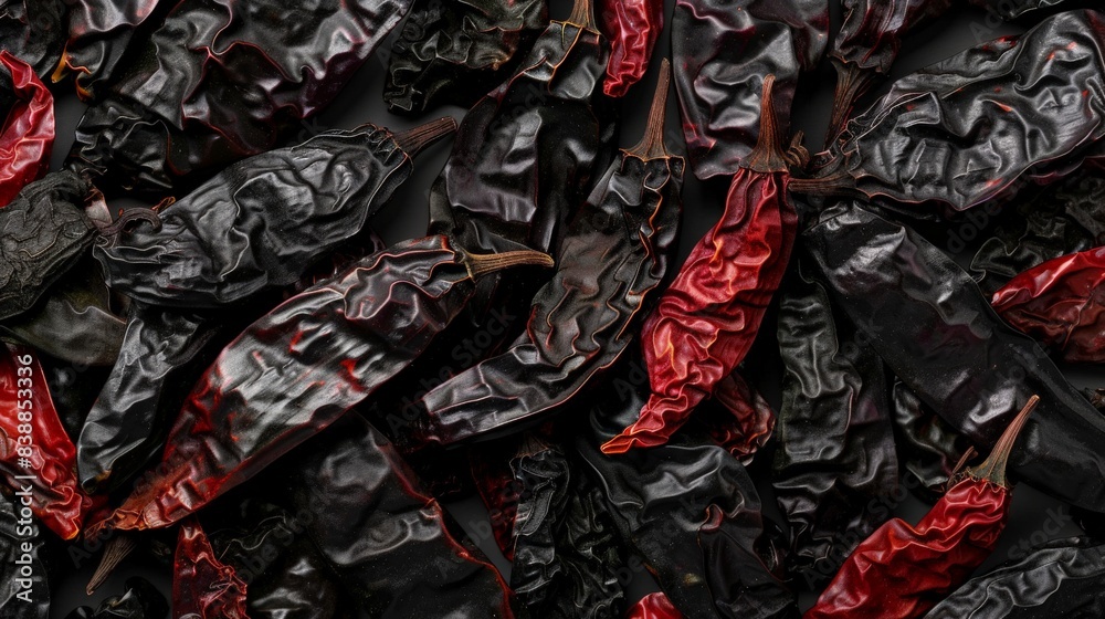 Dried ancho chilies displayed to show their deep red and wrinkled skin Dried ancho chilies displayed to show their deep red and wrinkled skin