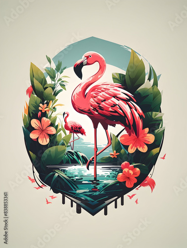 Illustration art of a flamingo in nature background for t-shirt design