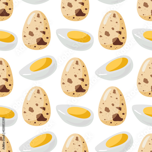 Seamless pattern with Quail eggs. Food, breakfast. Natural healthy food protein cooking ingredient. Repeated design for menu, wallpaper, wrapping, packing, textile, scrapbooking. Spotted eggshell