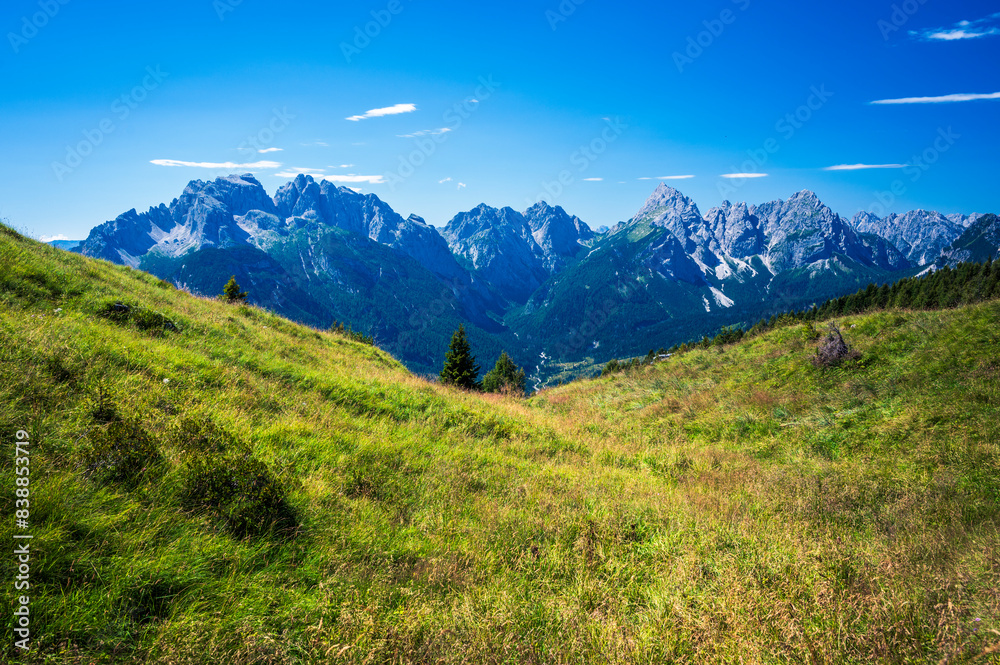 Fototapeta premium Eastern Dolomites. Sappada, Olbe Lakes. Breathtaking view of the upper Montrgna.