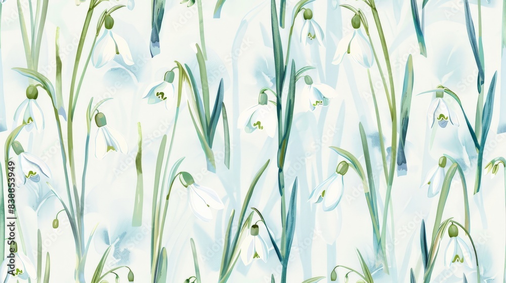 Fototapeta premium Delicate watercolor snowdrops in a winter-themed seamless pattern seamless pattern