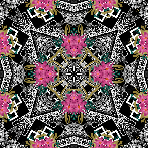 Seamless kaleidoscope floral ornamental pattern background