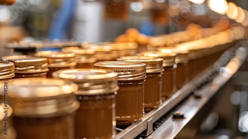 Industrial close-up of peanut butter jars moving along a production line in a spotless food plant, detailed view of manufacturing