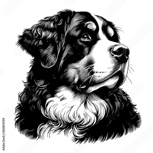 Hand drawn Bernese Mountain Dog portrait, vector sketch isolated on white background.	