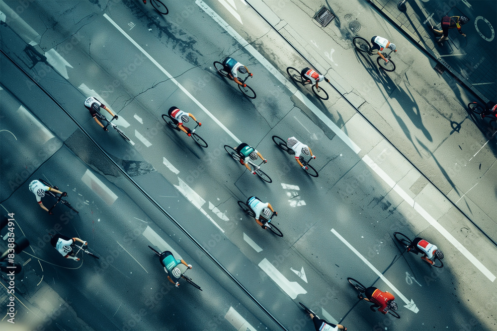 Fototapeta premium An AI generative top down image of road fill with cyclist cycling in the town.