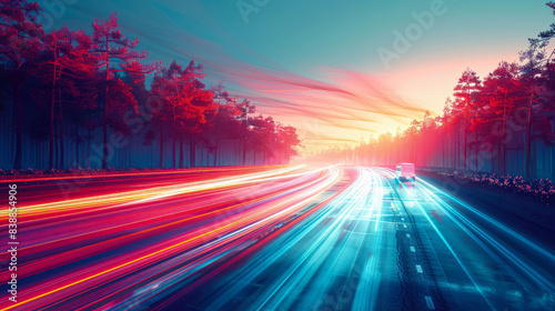 High-Speed Delivery Van Racing Through Scenic Forest Highway At Dawn - Ai Generated photo