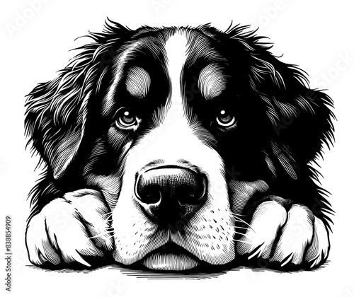 Hand drawn Bernese Mountain Dog portrait, vector sketch isolated on white background.	