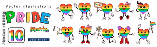 Rainbow heart pride month. LGBT. LGBTQ community, lesbian girl, love elements, LGBT Pride Month symbols, heart, emoji icons and groovy celebration. Vector illustration