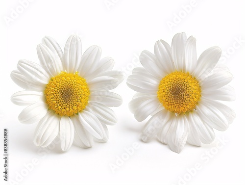 Close-up of two chamomile flowers with bright yellow centers and pristine white petals, isolated on a white background. The flowers are arranged side by side, showcasing their delicate form and