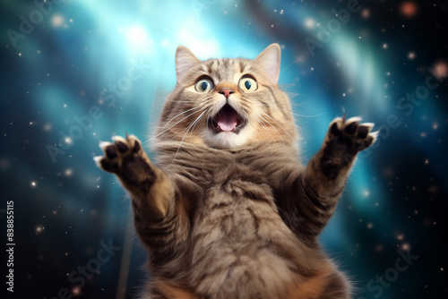 Funny cat flying in outer space.