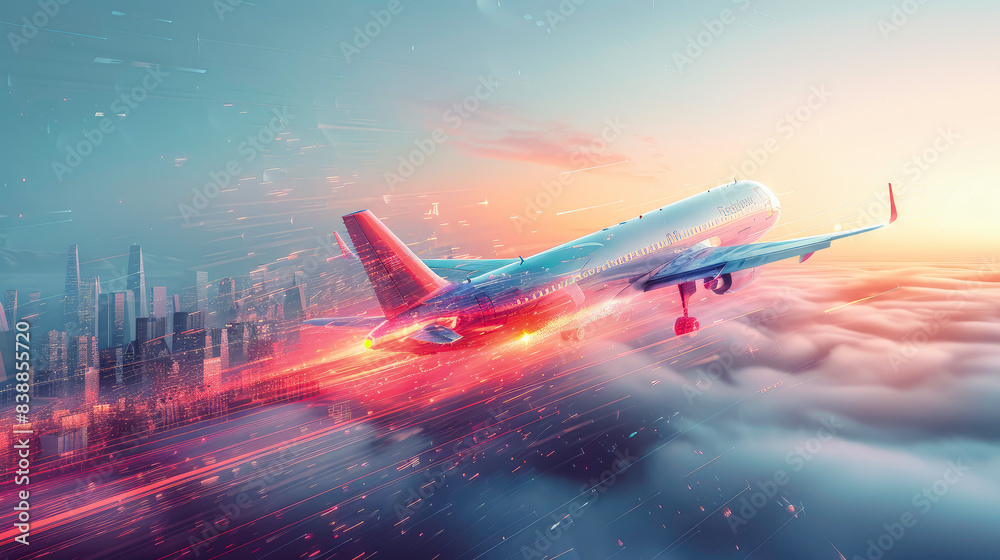 High-Speed Air Freight Service With Plane Soaring Over Urban Skyline At Dawn - Ai Generated High-Speed Air Freight Service With Plane Soaring Over Urban Skyline At Dawn - Ai Generated