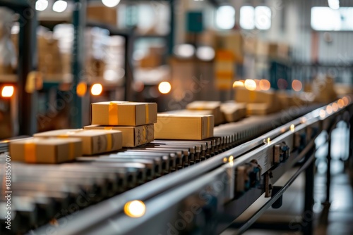Wallpaper Mural motion of multiple cardboard box packages gliding along a conveyor belt in a bustling warehouse fulfillment center, capturing the essence of e-commerce Torontodigital.ca