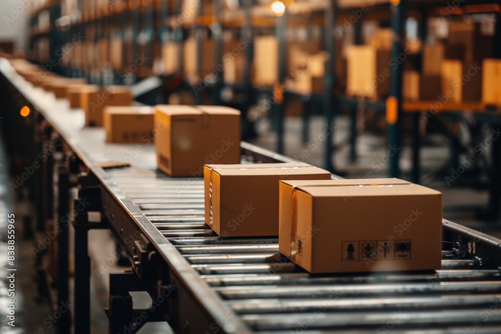 motion of multiple cardboard box packages gliding along a conveyor belt in a bustling warehouse fulfillment center, capturing the essence of e-commerce motion of multiple cardboard box packages gliding along a conveyor belt in a bustling warehouse fulfillment center, capturing the essence of e-commerce