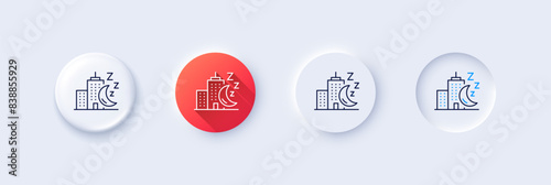Night city line icon. Neumorphic, Red gradient, 3d pin buttons. Skyscraper sleep sign. Building with moon symbol. Line icons. Neumorphic buttons with outline signs. Vector