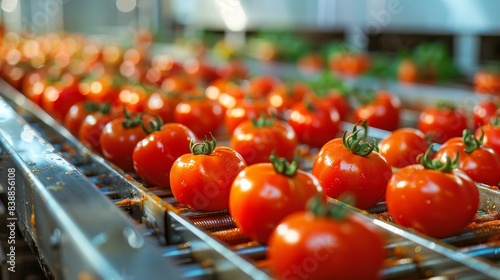 High-resolution close-up of tomatoes being processed and canned in a clean, modern food factory, showcasing the entire production line