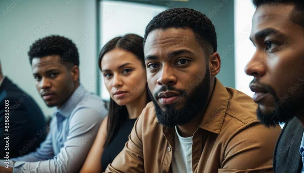 Obraz premium A young man and team listen carefully to young entrepreneurs listening to a presentation in a meeting in office, attention focus , business wide banner 