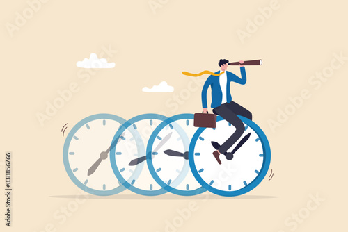 Time management, vision or effort to manage project and foresee problem or opportunity, work deadline or timer countdown, progress or development concept, businessman riding time passing clock.