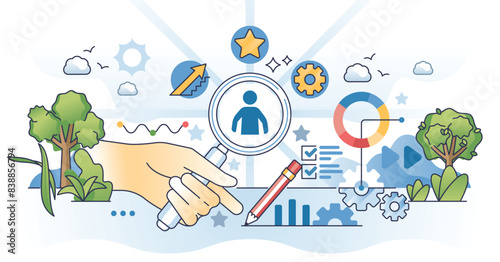 Talent management and HR work with staff acquisition outline hands concept. Personnel skills growth with strong leadership and mentoring vector illustration. Team training for success or achievements
