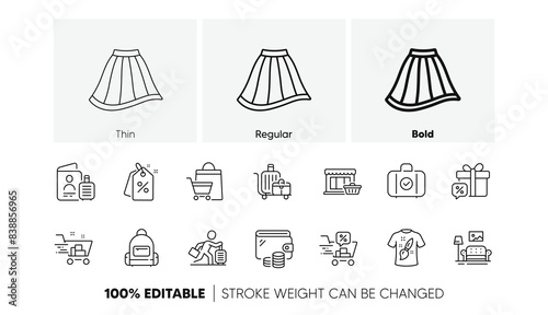 Discount tags, Wallet and Backpack line icons. Pack of Marketplace, Sale gift, Baggage cart icon. Shopping cart, Travel delay, Sale bags pictogram. Skirt, Passport, Furniture. Line icons. Vector