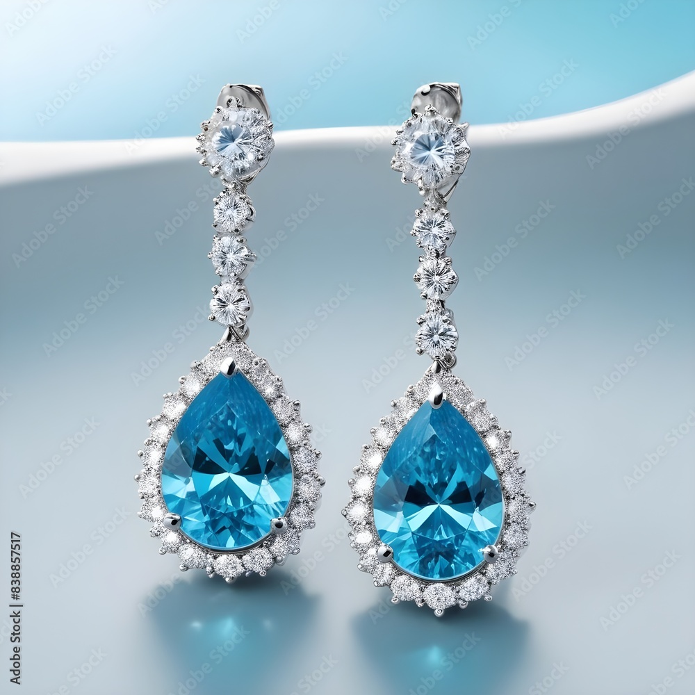 Close-up view of a pair of sparkling blue diamond earrings Close-up view of a pair of sparkling blue diamond earrings