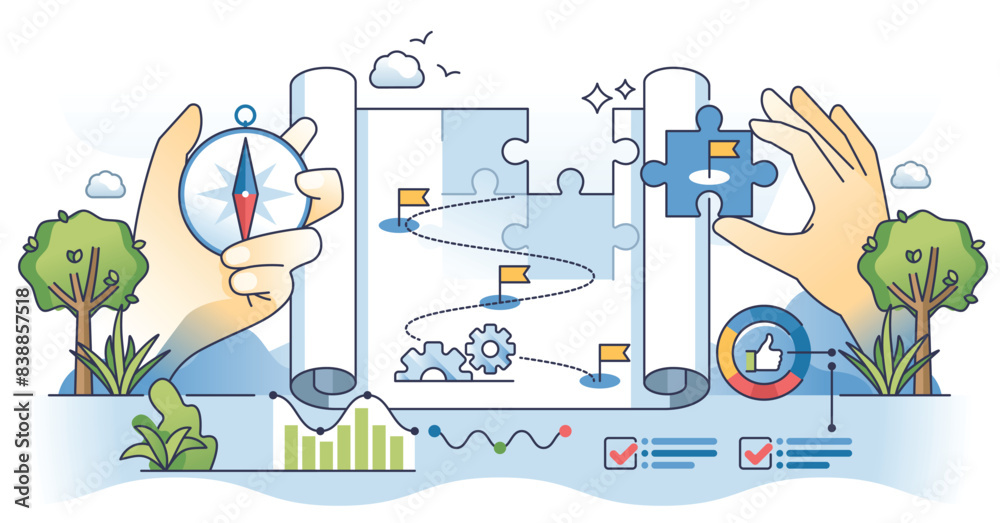 Obraz premium Data governance strategy with precise process planning outline hands concept. Information management, regulation and effective organization for safe information storage or usage vector illustration