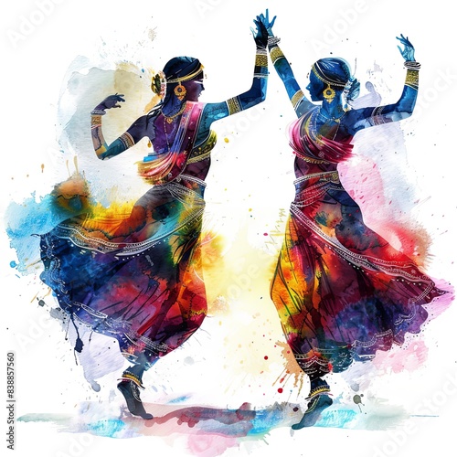 Two Indian women dance in a colorful watercolor painting.