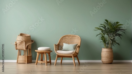 Interior home of living room with rattan armchair on pastel green wall copy space mock up, hardwood floor