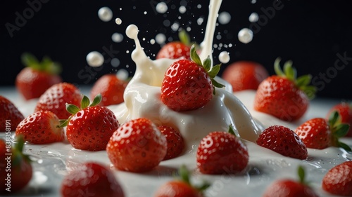 Dynamic food concept strawberries splashing into milk, a burst of flavor-