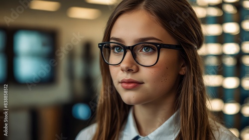 Girl with glasses explores optometry store, selecting eyeglasses for better eyesight and optical health