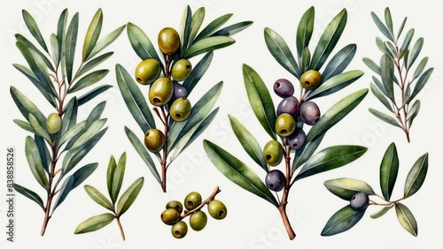 set of green olive branches watercolor art