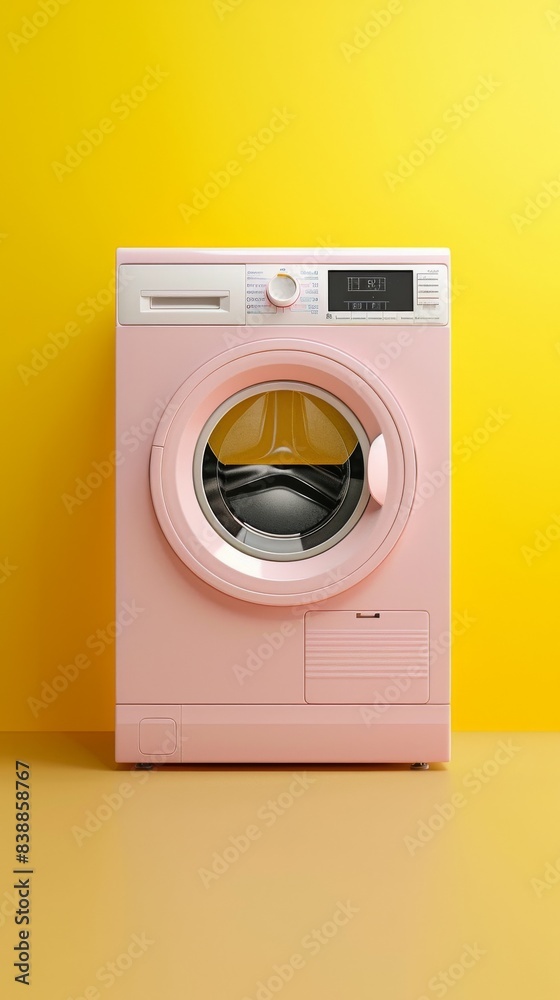 A pink washing machine is on a yellow background A pink washing machine is on a yellow background