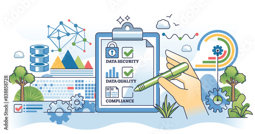 Data governance best practices for file security outline hands concept. Secured information with high data quality and compliance check to ensure safe standards for info storage vector illustration.