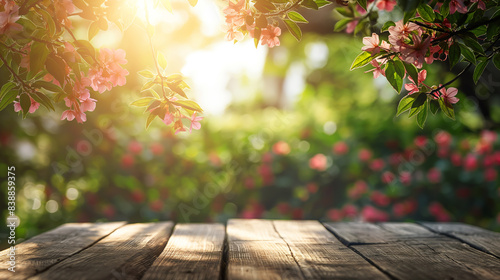 A serene springtime garden scene, filled with vibrant greenery and blooming flowers, softly bathed in golden sunlight filtering through the canopy above, an empty wooden table  photo