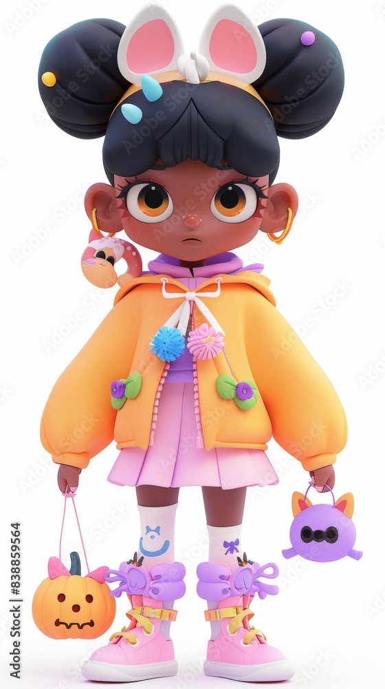 Fototapeta premium A little girl in a pink dress holding a trick bag